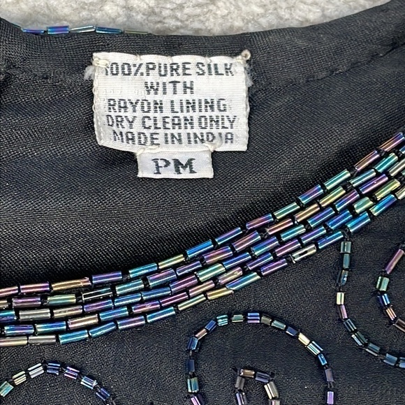 Vintage Laurence Kazar Black Silk Beaded Evening Cocktail Shift Dress Sz MP - Picture 9 of 11